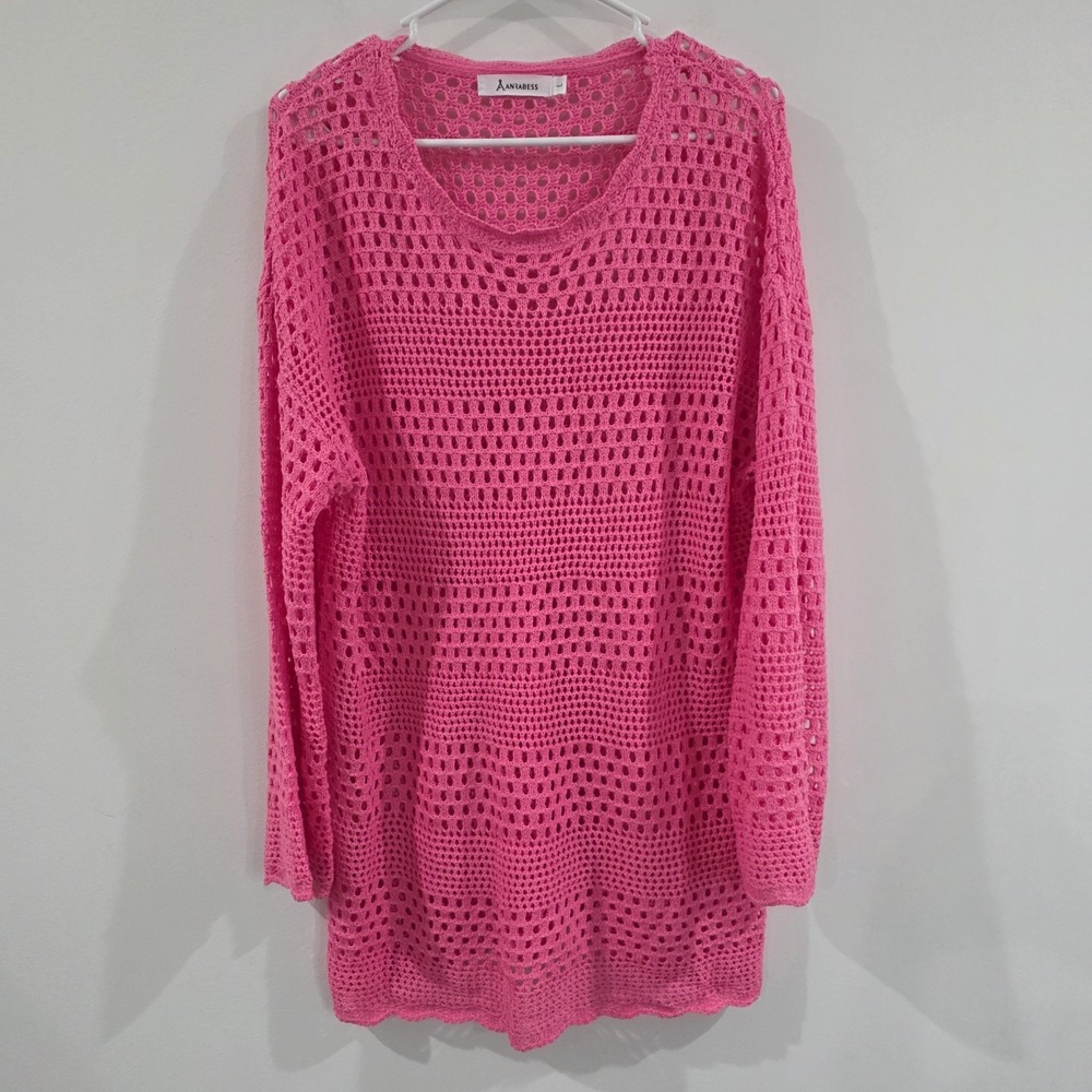 Womens Hot Pink Open Knit Tunic Sweater Size Large Colorful Beach Mesh